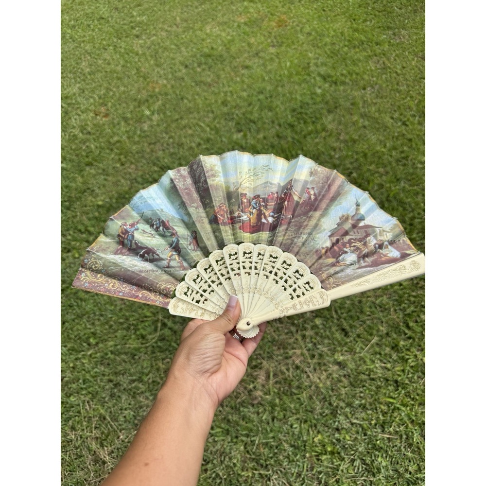 Vintage Fan Spanish Paintings Fabric/Canvas Fan with Beige Celluloid Ribs Goya